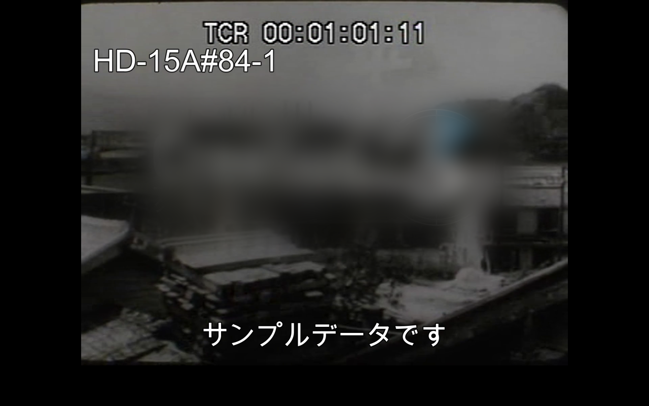 切り出した映像の1コマ。左上に管理番号、中央に透かし（ここではぼかしています）、下部にサンプル表記が焼き込まれている